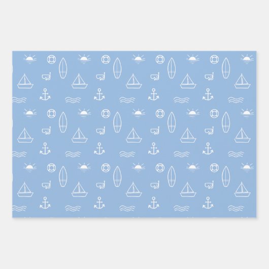 Blue Summer Ocean Line Kunst Nahtloses Muster Geschenkpapier Set (Vorderseite)