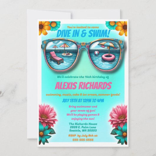 Blue Summer Splash Birthday Pool Party Einladung (Vorderseite)