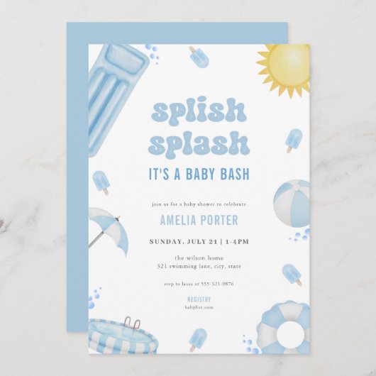 Blue Summer Splish Splash Baby Dusche Einladung (Vorne/Hinten)
