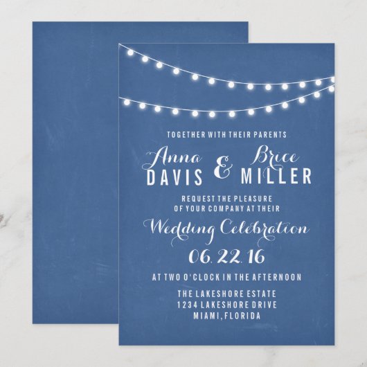 Blue Summer String Light Wedites Einladung (Vorne/Hinten)