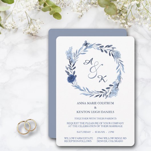Blue Summer Wreath Monogram Wedding Einladung