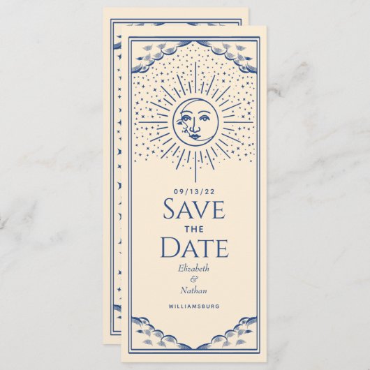 Blue Sun and Moon Tarot Card Save the Date Einladung (Vorne/Hinten)