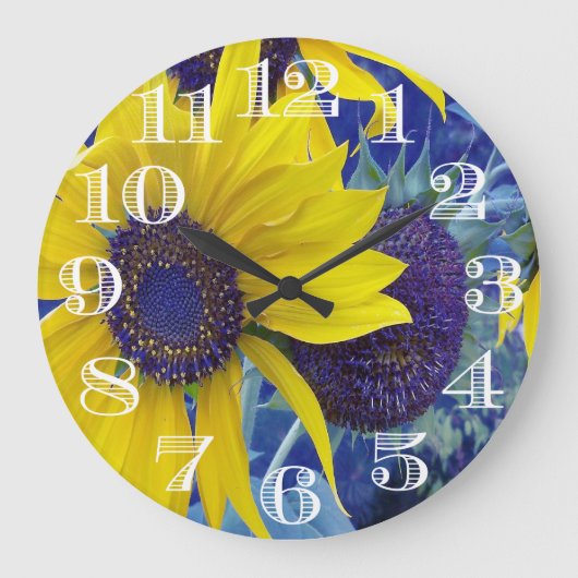 Blue Sunflower Design Clock Große Wanduhr (Vorderseite)