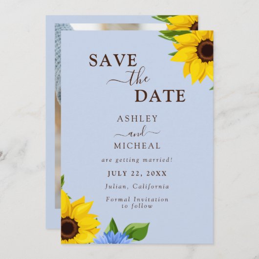 Blue Sunflower Hochzeitkarte Save the Date (Vorne/Hinten)