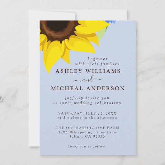 Blue  Sunflower Wedding Invitation With Photo Einladung (Vorderseite)