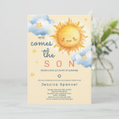 Blue Sunshine Sun Here Comes the Son Baby Shower Einladung (Stehend Vorderseite)