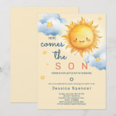 Blue Sunshine Sun Here Comes the Son Baby Shower Einladung (Vorne/Hinten)