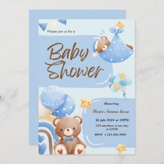 Blue Super Niedlich Bear Baby Shower Einladungen J (Vorne/Hinten)