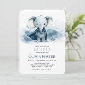 Blue Superhero Elephant Baby Dusche Einladung (Stehend Vorderseite)