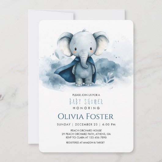 Blue Superhero Elephant Baby Dusche Einladung (Vorderseite)