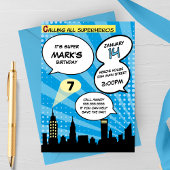 Blue Superheros Comic Book Styling Birthday Party Einladung