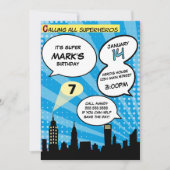 Blue Superheros Comic Book Styling Birthday Party Einladung (Vorderseite)
