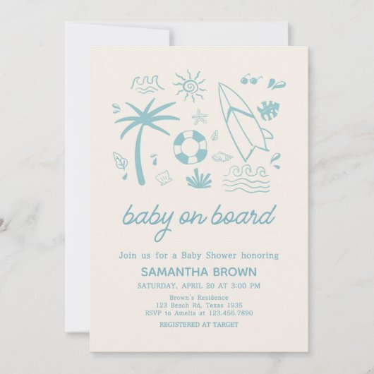 Blue Surf Baby on Board Baby Dusche Einladung (Vorderseite)