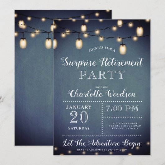 Blue Surprise Retirement Party String Lights Einladung (Vorne/Hinten)