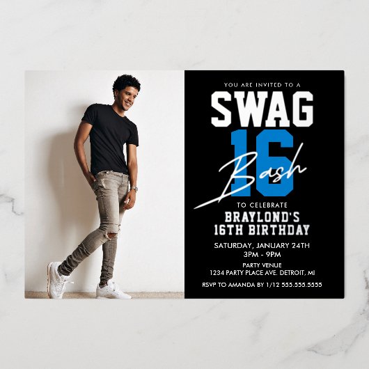 Blue Swag 16 Geburtstag Folieneinladung (Vorderseite)