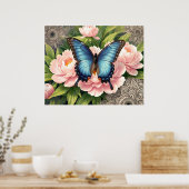 Blue Swallowtail Butterfly Floral Botanical Art Poster (Küche)