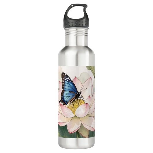  Blue Swallowtail Butterfly With Lotus Flower Art Edelstahlflasche (Vorderseite)