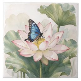  Blue Swallowtail Butterfly With Lotus Flower Art Fliese