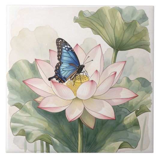  Blue Swallowtail Butterfly With Lotus Flower Art Fliese (Vorderseite)