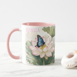 Blue Swallowtail Butterfly With Lotus Flower Name Tasse