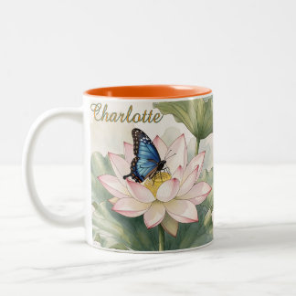 Blue Swallowtail Butterfly With Lotus Flower Name Zweifarbige Tasse