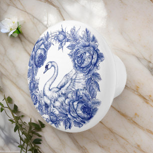 Blue Swan Rose Floral Border Keramikknauf