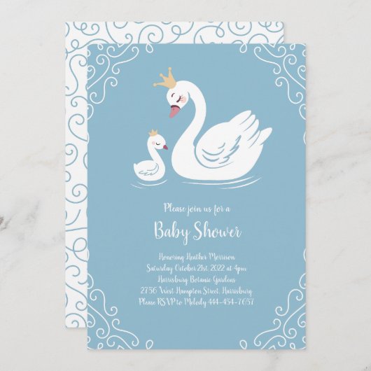 Blue Swans Baby Showbird mit Crown Einladung (Vorne/Hinten)