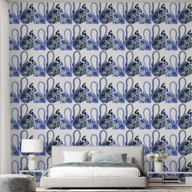 Blue Swans Watercolor Art Tapete (Schlafzimmer)