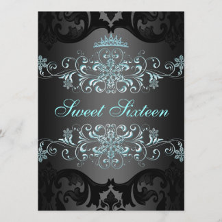 Blue Sweet16 Elegant Tiara Damask Geburtstag Einla Einladung