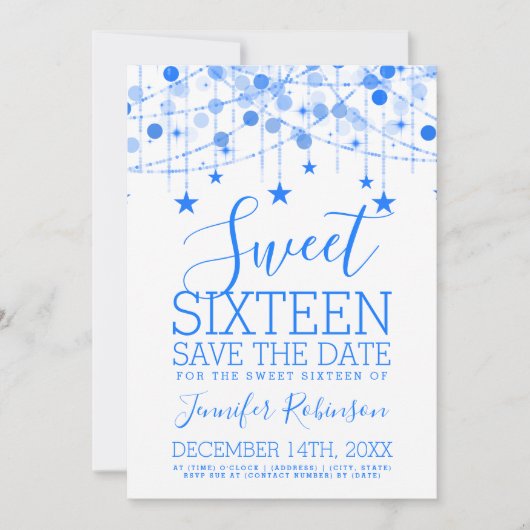 Blue Sweet 16 Funkelnd String Lights Rett Date Save The Date (Vorderseite)