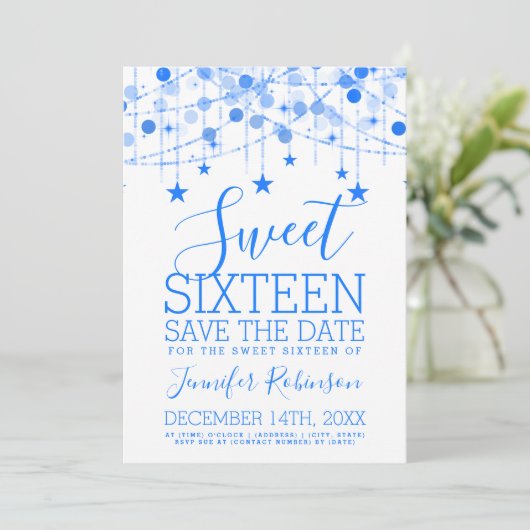 Blue Sweet 16 Funkelnd String Lights Rett Date Save The Date (Stehend Vorderseite)