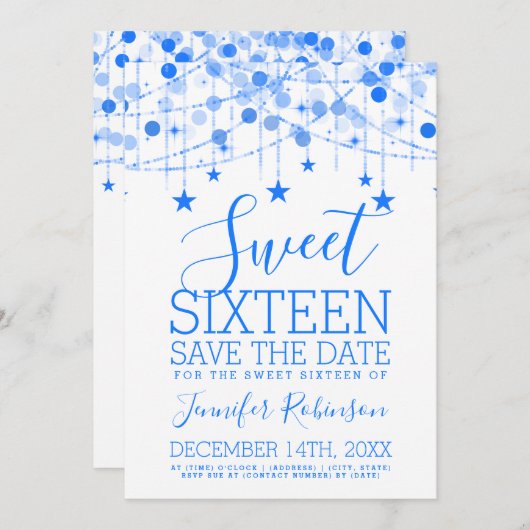 Blue Sweet 16 Funkelnd String Lights Rett Date Save The Date (Vorne/Hinten)