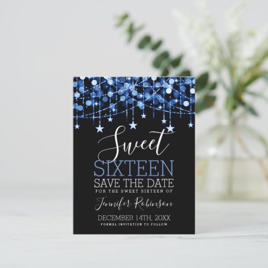 Blue Sweet 16 Funkelnd String Lights Rett Date Save The Date (Stehend Vorderseite)