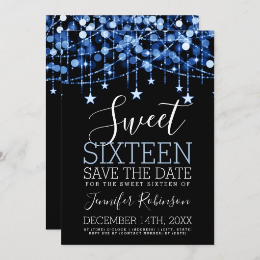 Blue Sweet 16 Funkelnd String Lights Rett Date Save The Date (Vorne/Hinten)