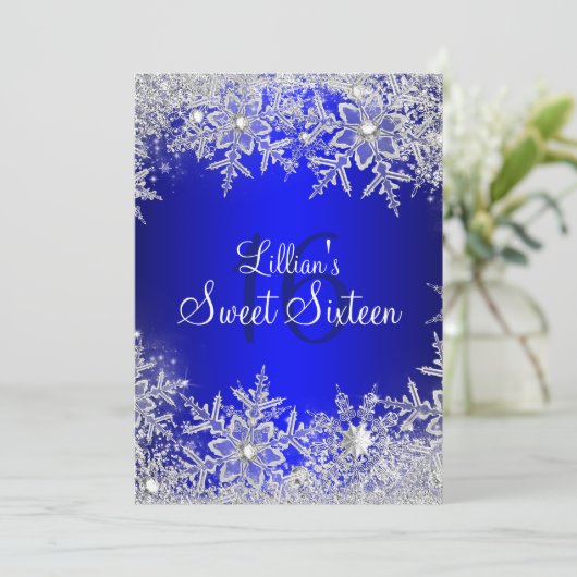 Blue Sweet 16 Snowflake Winter Wonderland Einladung (Stehend Vorderseite)