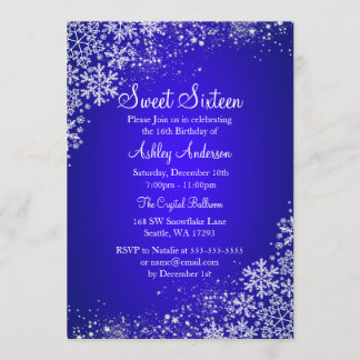 Blue Sweet 16 Winter Wonderland Sparkle Snowflakes Einladung