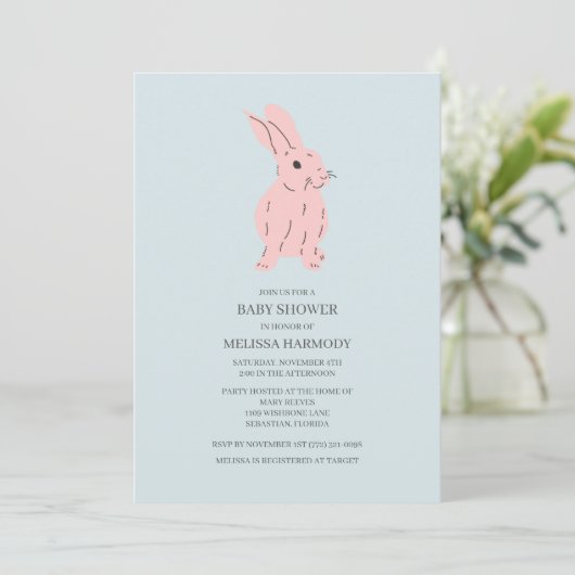 Blue Sweet Bunny Baby Dusche Einladung (Stehend Vorderseite)