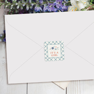 Blue Sweet Floral Baby Girl Envelope Seal Label Quadratischer Aufkleber