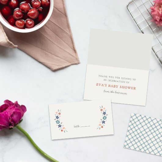 Blue Sweet Floral Baby Shower Folded Place Card Platzkarte