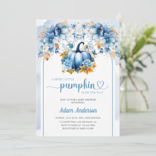 Blue Sweet Little Pumpkin Baby Dusche Einladung (Stehend Vorderseite)