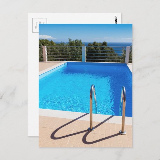 Blue Swimming pool with steps at sea Postkarte (Vorne/Hinten)