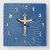 Blue Swirl Background Gold Cross Quadratische Wanduhr (Vorderseite)