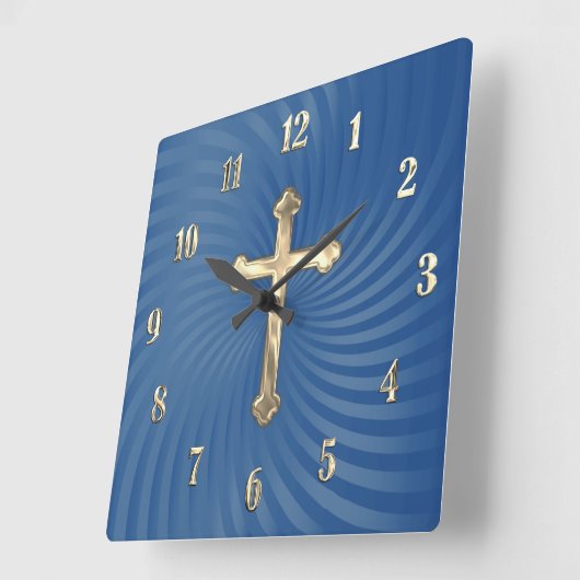 Blue Swirl Background Gold Cross Quadratische Wanduhr (Winkel)