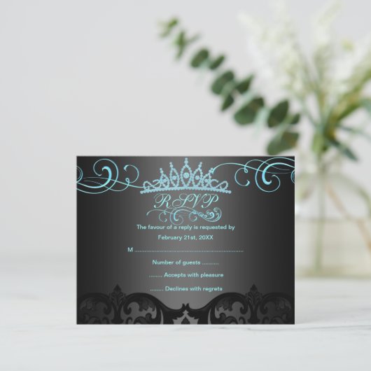 Blue Swirl Damask Birthday RSVP Card (Stehend Vorderseite)
