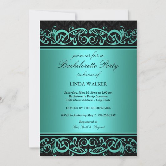 Blue Swirl Damask | Junggeselinnen-Abschied Einlad Einladung (Rückseite)