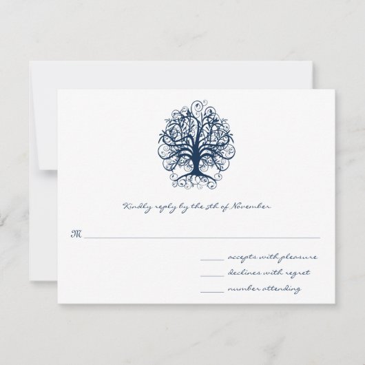 Blue Swirl Tree Wedding Response Card Mitternacht RSVP Karte (Vorderseite)