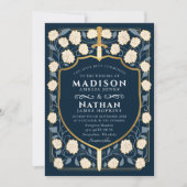 Blue Sword Shield Fantasy Wedding QR Code Einladung (Vorderseite)