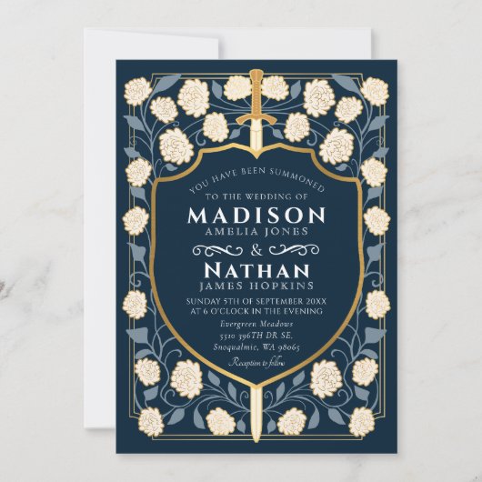 Blue Sword Shield Fantasy Wedding QR Code Einladung (Vorderseite)