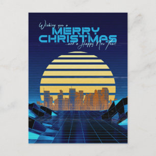 Blue Synthwave Christmas Feiertagspostkarte