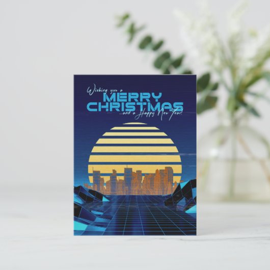 Blue Synthwave Christmas Feiertagspostkarte (Stehend Vorderseite)